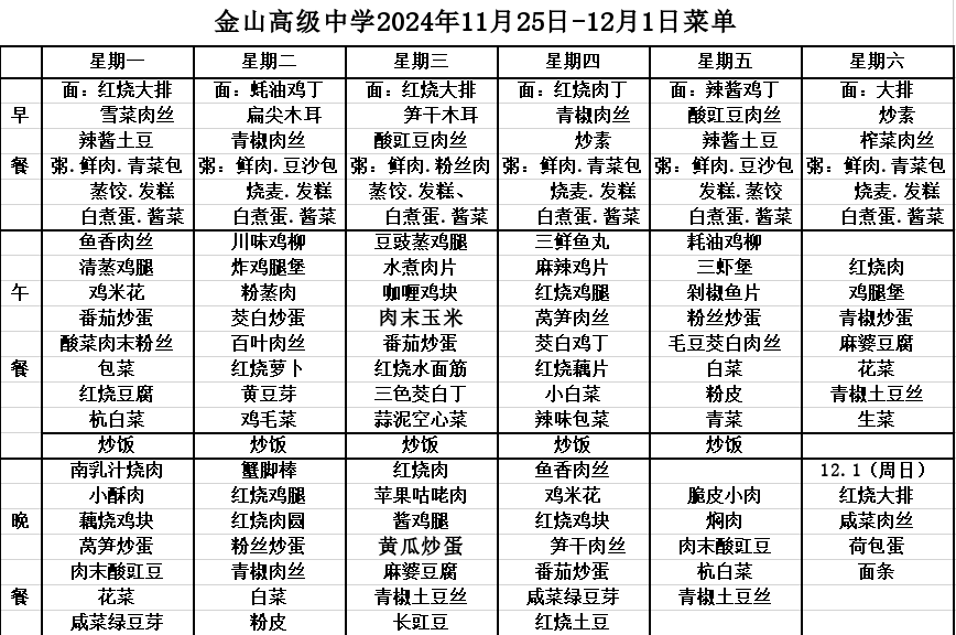 金山高级中学食堂2024年11月25日-12月1日菜单
