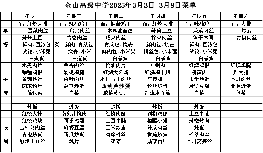 金山高级中学食堂2025年3月3日-3月9日菜单