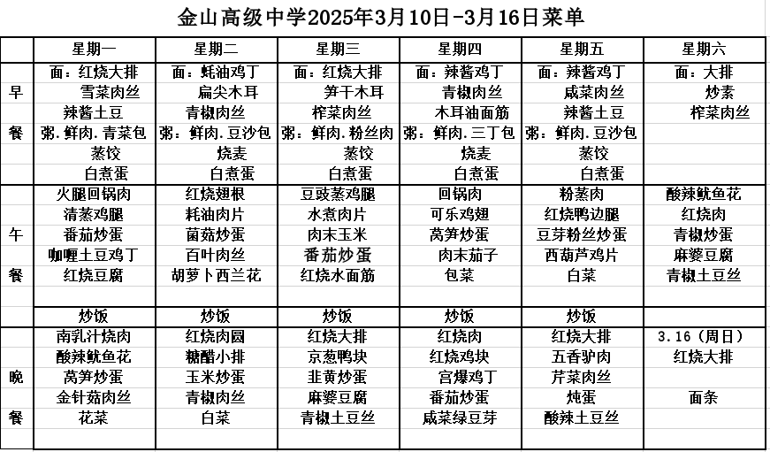 金山高级中学食堂2025年3月10日-3月16日菜单