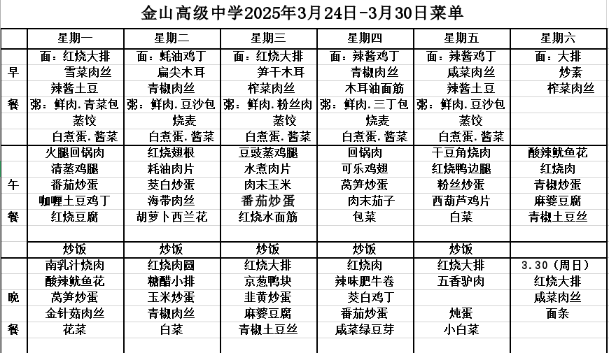 金山高级中学食堂2025年3月24日-3月30日菜单