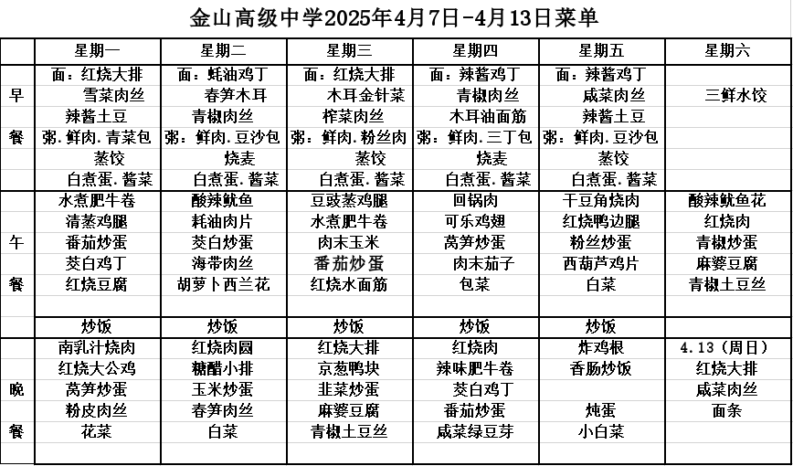 金山高级中学食堂2025年4月7日-4月13日菜单