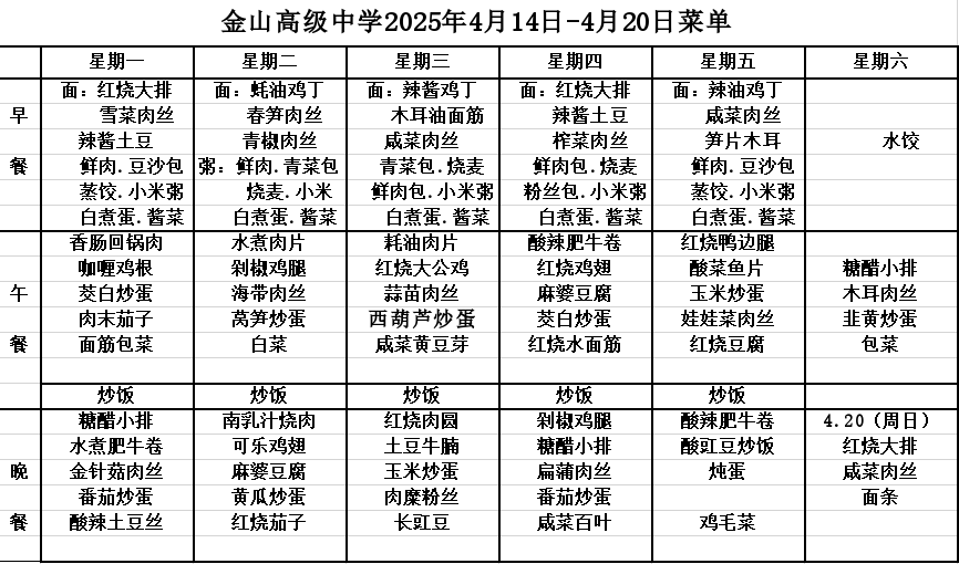 金山高级中学食堂2025年4月14日-4月20日菜单