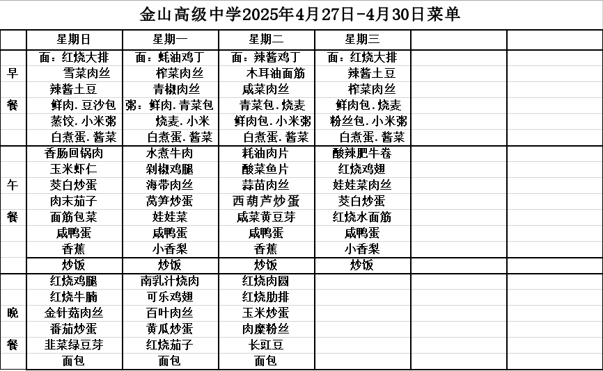 金山高级中学食堂2025年4月27日-4月30日菜单