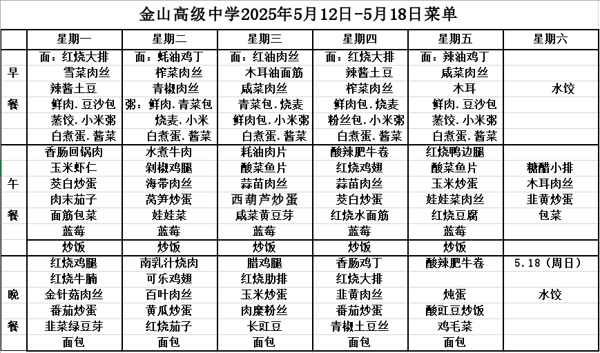 金山高级中学食堂2025年5月12日-5月18日菜单