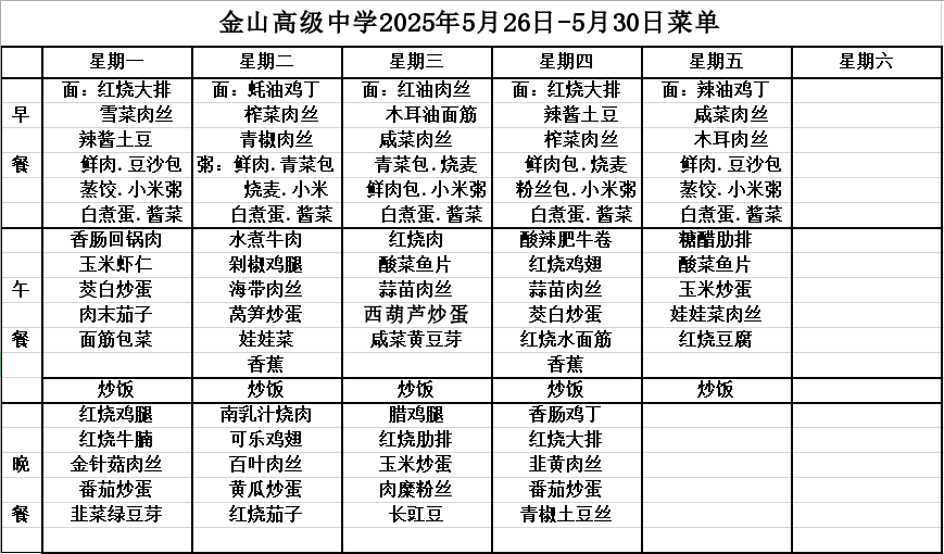 金山高级中学食堂2025年5月26日-5月30日菜单