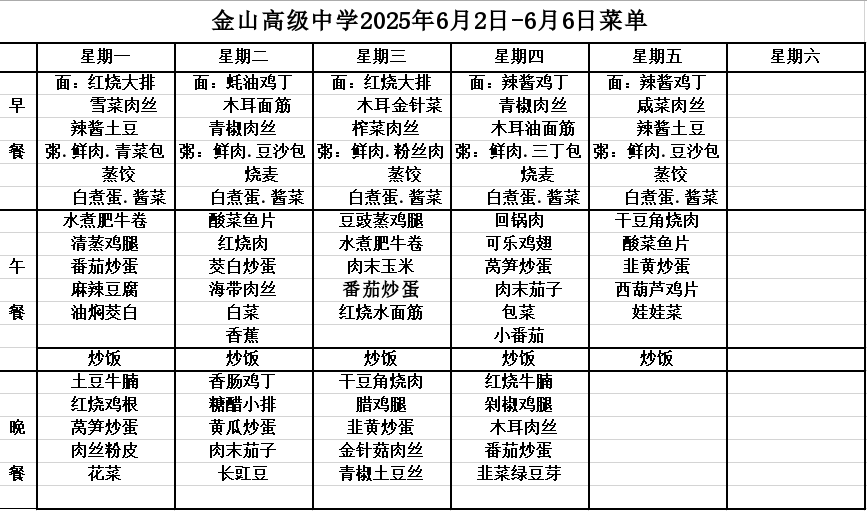 金山高级中学食堂2025年6月2日-6月6日菜单