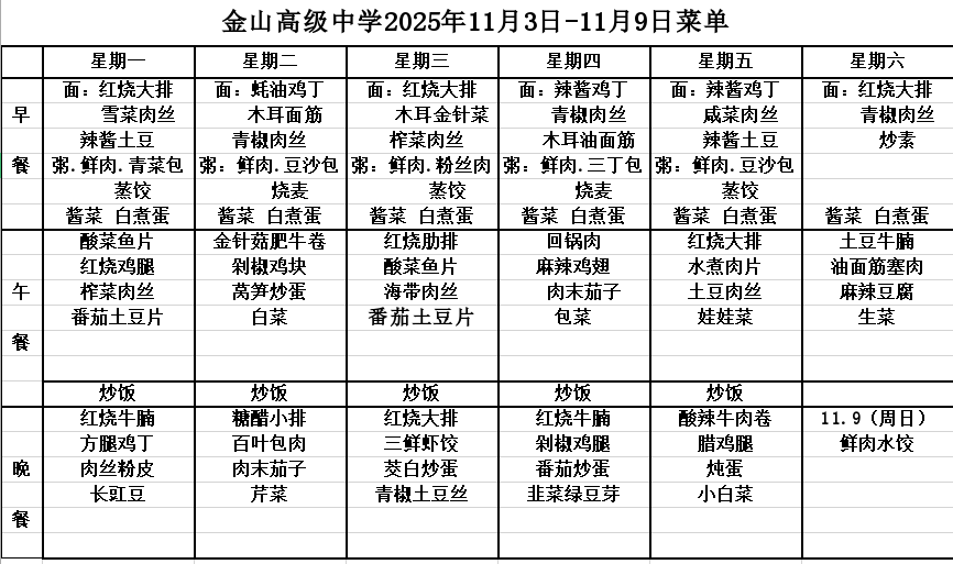 金山高级中学2025年11月3日-11月9日菜单