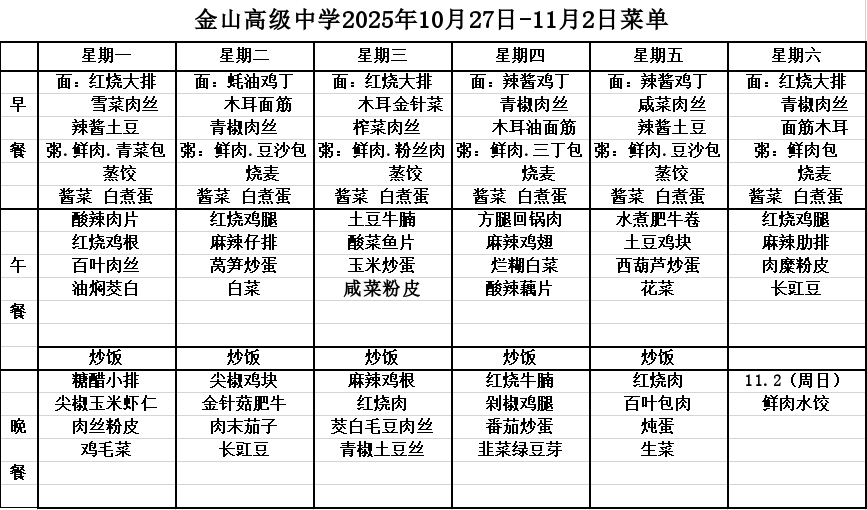 金山高级中学2025年10月27日-11月2日菜单