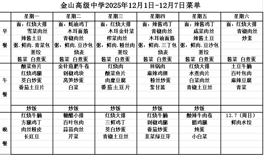 金山高级中学2025年12月1日-12月7日菜单