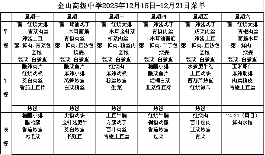 金山高级中学2025年12月15日-12月21日菜单