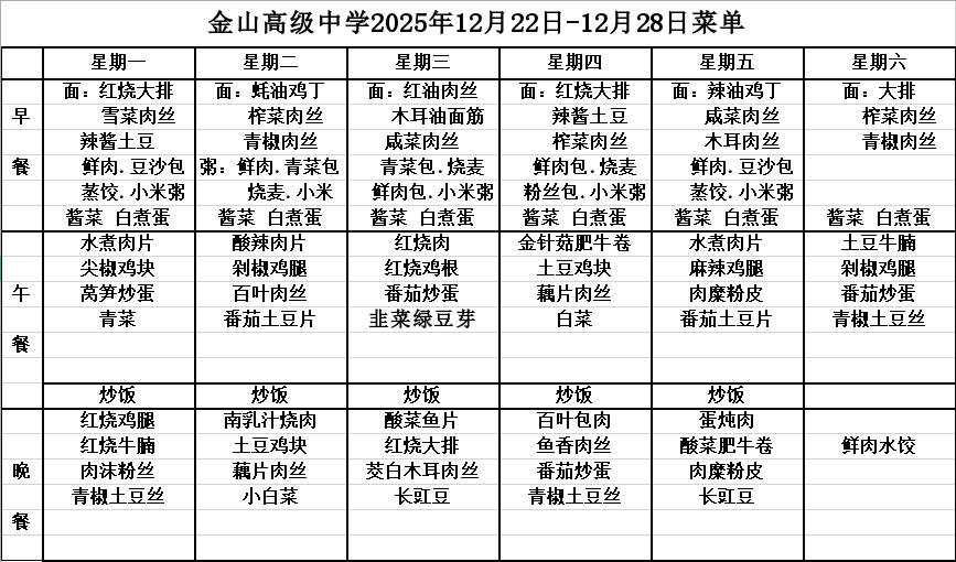 金山高级中学食堂2025年12月22日-12月28日菜单