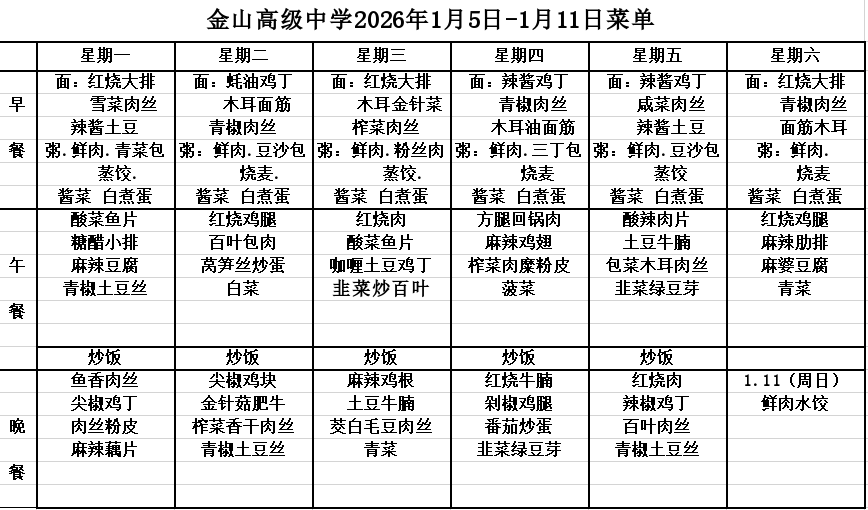 金山高级中学2026年1月5日-1月11日菜单