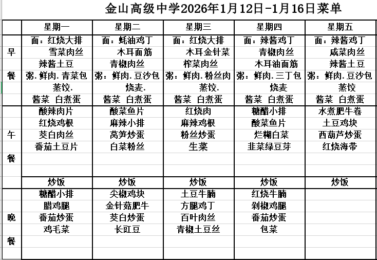 金山高级中学2026年1月12日-1月16日菜单