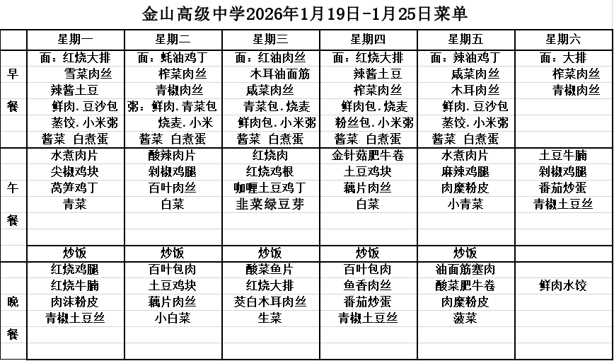 金山高级中学2026年1月19日-1月25日菜单
