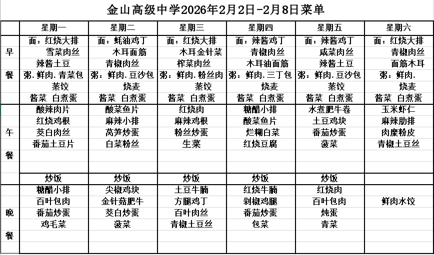 金山高级中学2026年2月2日-2月8日菜单