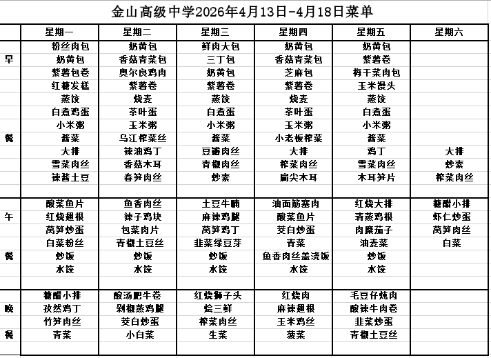 金山高级中学食堂2026年4月13日-4月18日菜单