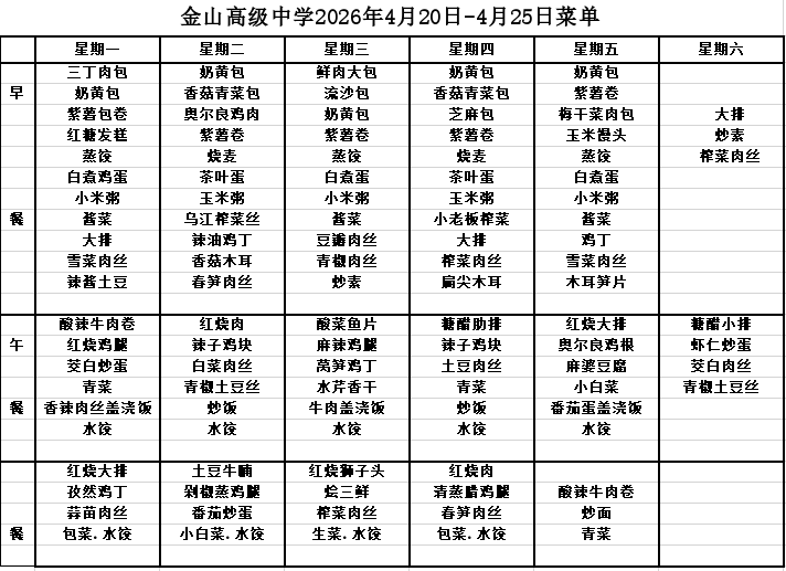 金山高级中学食堂2026年4月20日-4月25日菜单
